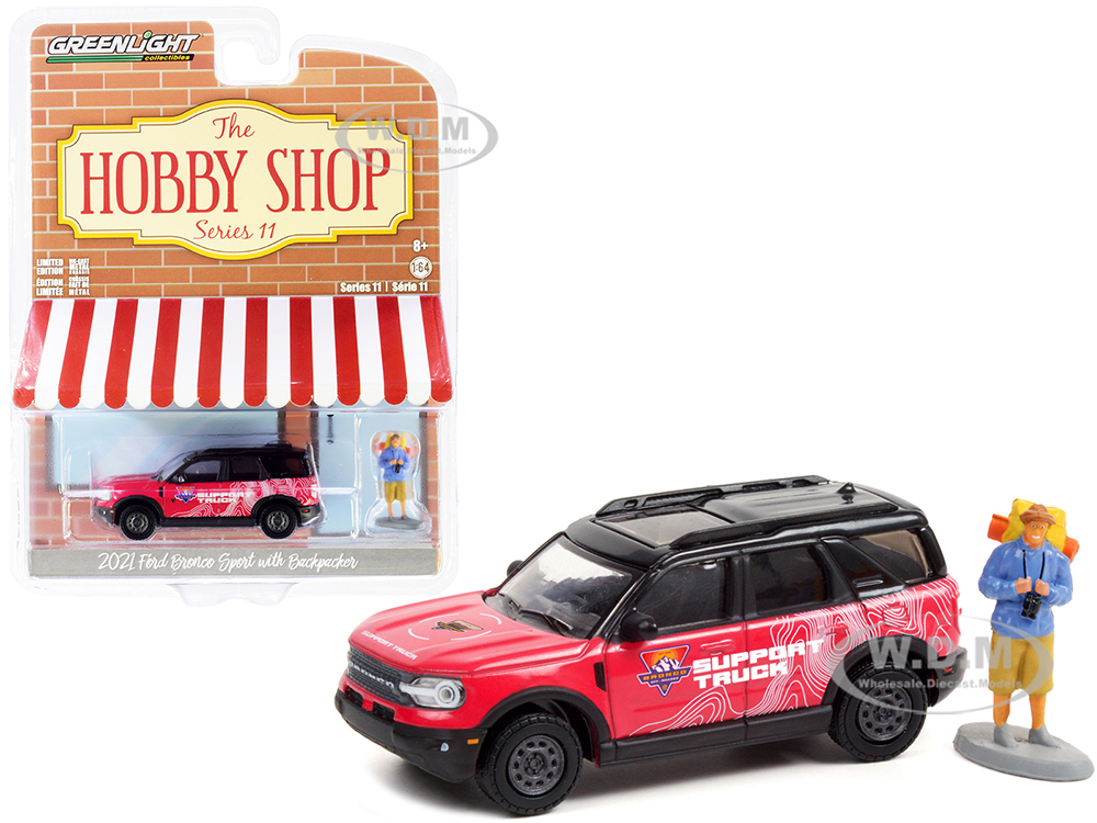2021 Ford Bronco Sport Pink and Black Off-Roadeo Adventure Support Truck with Backpacker Figurine The Hobby Shop Series 11 1/64 Diecast Model Car by Greenlight