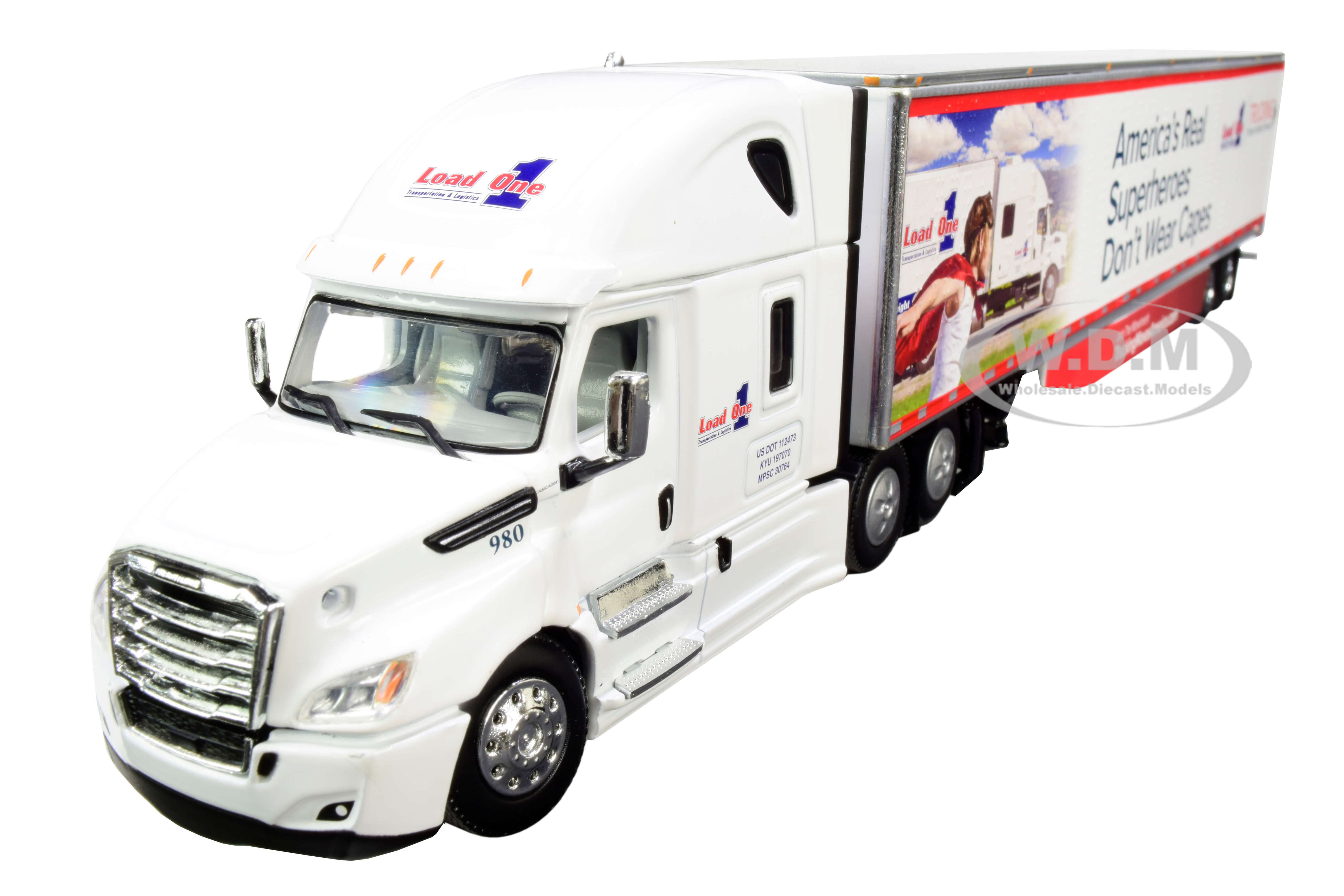 Image of 2018 Freightliner Cascadia High-Roof Sleeper Cab with 53 Utility Trailer with Side Skirts "Load One LLC." 1/64 Diecast Model by DCP/First Gear