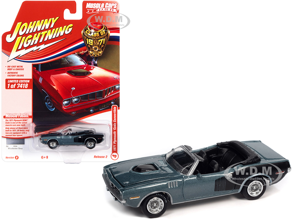 1971 Plymouth Barracuda Convertible Winchester Gray Metallic with Black Hemi Side Billboards Class of 1971 Limited Edition to 7418 pieces Worldwide Muscle Cars USA Series 1/64 Diecast Model Car by Johnny Lightning