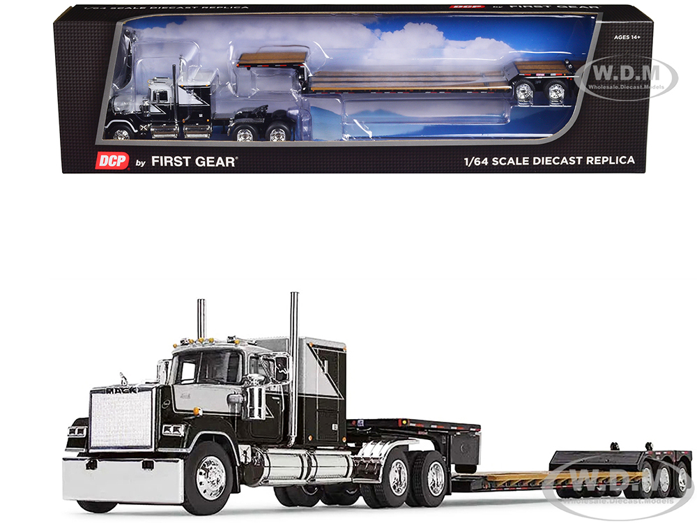 Mack Super-Liner with 60" Flat Top Sleeper &amp;  Fontaine Renegade LXT40 Lowboy Trailer with Flip Axle Black and Gray 1/64 Diecast Model by DCP/Firs