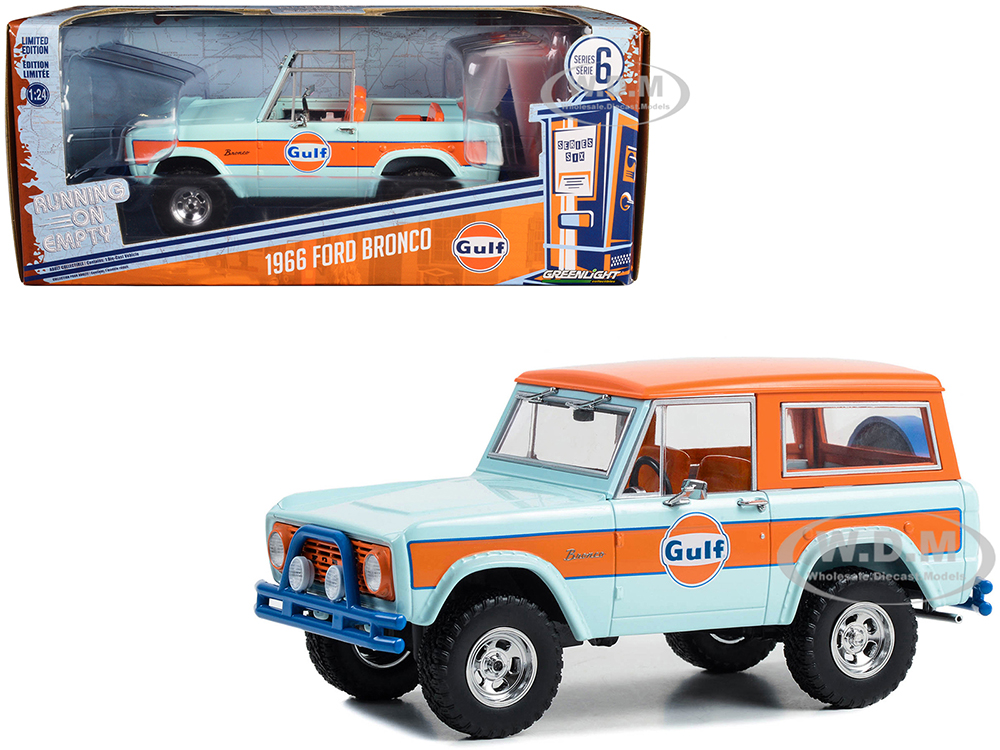 1966 Ford Bronco Light Blue with Orange Stripes and Top "Gulf Oil" "Running on Empty" Series 6 1/24 Diecast Model Car by Greenlight