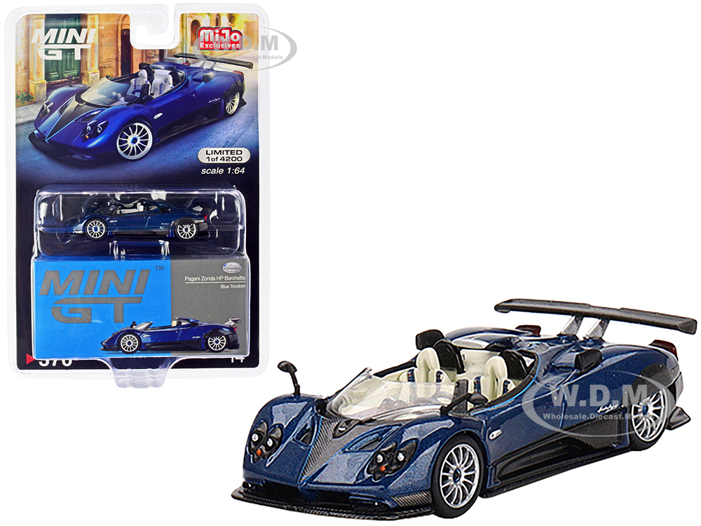 Pagani Zonda HP Barchetta Convertible Blue Tricolore Metallic and Carbon with White Interior Limited Edition to 4200 pieces Worldwide 1/64 Diecast Model Car by True Scale Miniatures