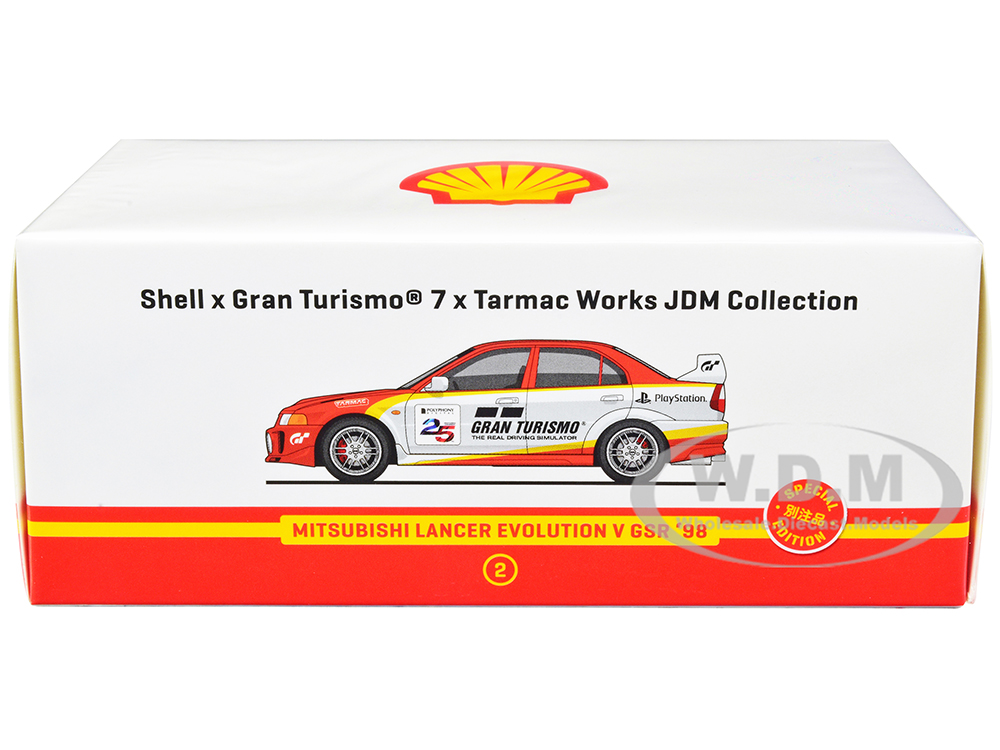 1998 Mitsubishi Lancer Evolution V GSR RHD (Right Hand Drive) Red and White with Yellow Stripes "Shell x Gran Turismo 7" Special Edition 1/64 Diecast