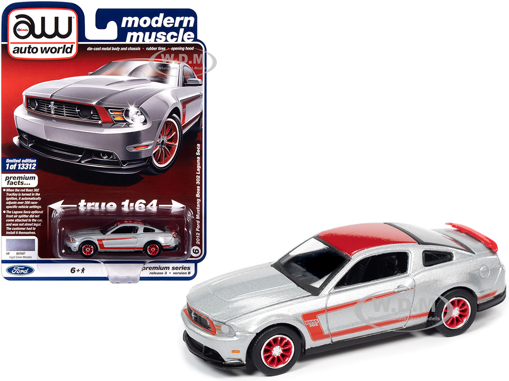 Image of 2012 Ford Mustang Boss 302 Laguna Seca Ingot Silver Metallic and Red with Red Wheels "Modern Muscle" Limited Edition to 13312 pieces Worldwide 1/64 D