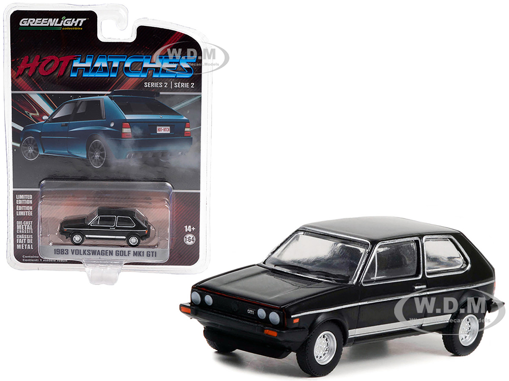 1983 Volkswagen Golf Mk1 GTI Black with Silver Stripes Hot Hatches Series 2 1/64 Diecast Model Car by Greenlight