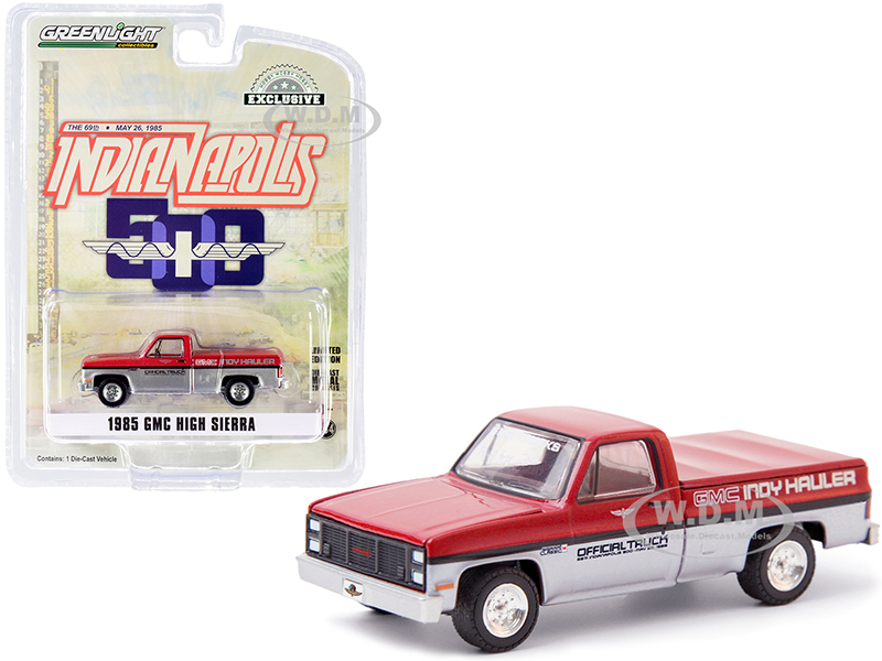 1985 GMC High Sierra Pickup Official Truck with Bed Cover Red Metallic and Silver 69th Annual Indianapolis 500 Mile Race GMC Indy Hauler Hobby Exclusive 1/64 Diecast Model Car by Greenlight