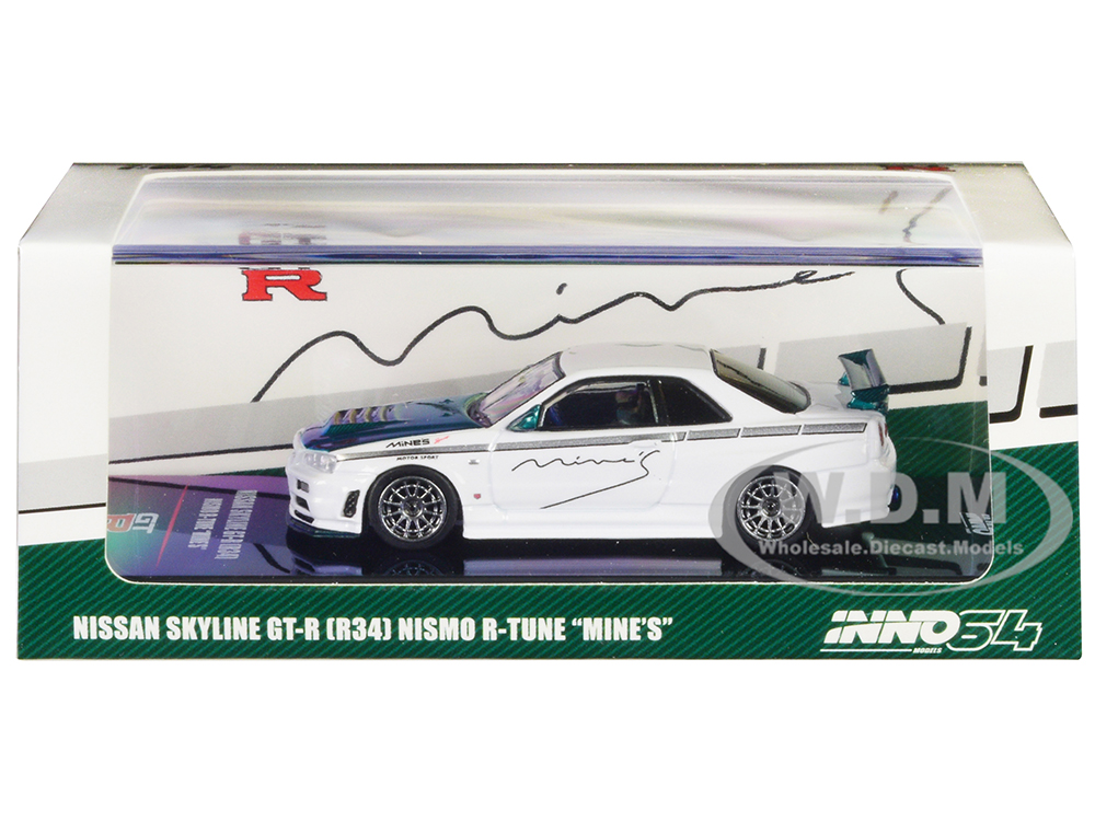 Nissan Skyline GT-R (R34) Nismo R-Tune RHD (Right Hand Drive) White with Green Carbon Hood "Tuned by Mines" 1/64 Diecast Model Car by Inno Models