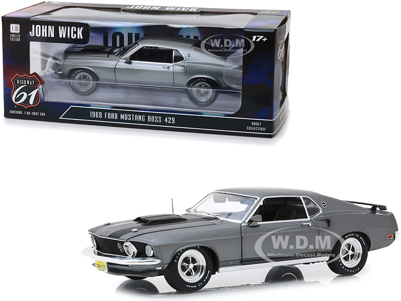1969 Ford Mustang BOSS 429 Gray with Black Stripes "John Wick" (2014) Movie 1/18 Diecast Model Car by Highway 61