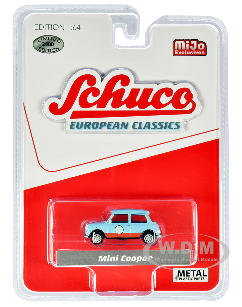 Image of Mini Cooper Light Blue with Orange Stripes "European Classics" Limited Edition to 2400 pieces Worldwide 1/64 Diecast Model Car by Schuco