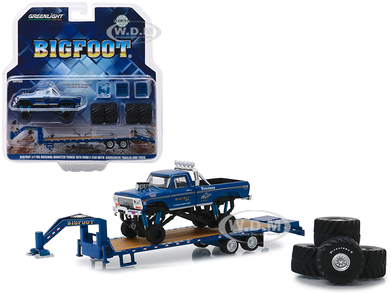 1974 Ford F-250 Monster Truck Bigfoot #1 The Original Monster Truck (1979) with Gooseneck Trailer and Regular and Replacement 66 Tires Hobby Exclusive 1/64 Diecast Model Car by Greenlight