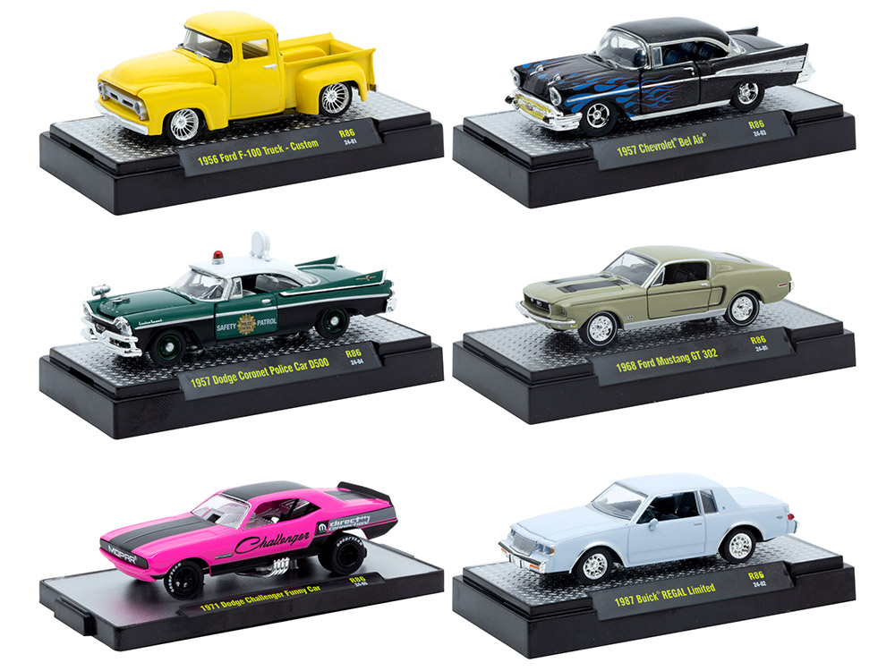 "Auto Meets" Set of 6 Cars IN DISPLAY CASES Release 86 Limited Edition 1/64 Diecast Model Cars by M2 Machines