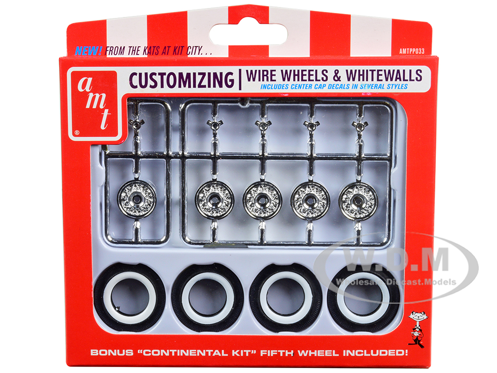 Skill 2 Model Kit Wire Wheels and Whitewall Tires Set of 5 Pieces for 1/25 Scale Models by AMT