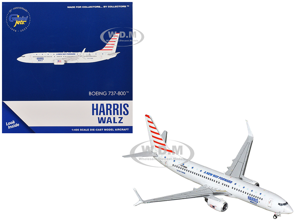 Boeing 737-800 Commercial Aircraft Harris-Walz Campaign (N778MA) White with Striped Tail 1/400 Diecast Model Airplane by GeminiJets