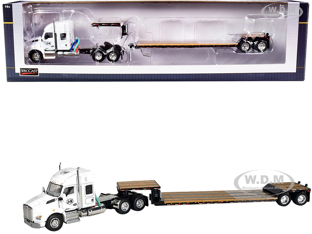 Image of Kenworth T880 Tractor Truck "J&amp;M" White with Lowboy Trailer 1/64 Diecast Model by SpecCast