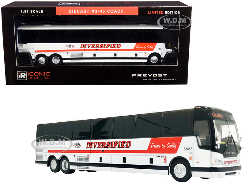 Image of Prevost X3-45 Coach Bus "Calgary" (Canada) "Diversified Transportation" White with Red Stripes 1/87 (HO) Diecast Model by Iconic Replicas