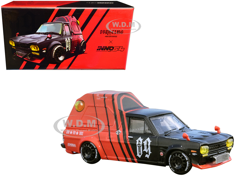 Nissan Sunny "Hakotora" Pickup Truck RHD (Right Hand Drive) 09 with Camper Shell Red and Black "09 Racing Decepcionez" with Keychain Gift 1/64 Diecas
