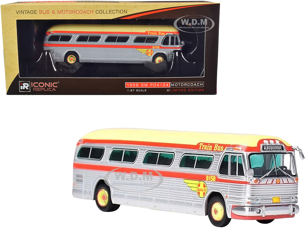 Image of 1959 GM PD4104 Motorcoach "Santa Fe Train Bus" "Destination Albuquerque" (Albuquerque New Mexico) Silver and Orange with Yellow Top "Vintage Bus &amp