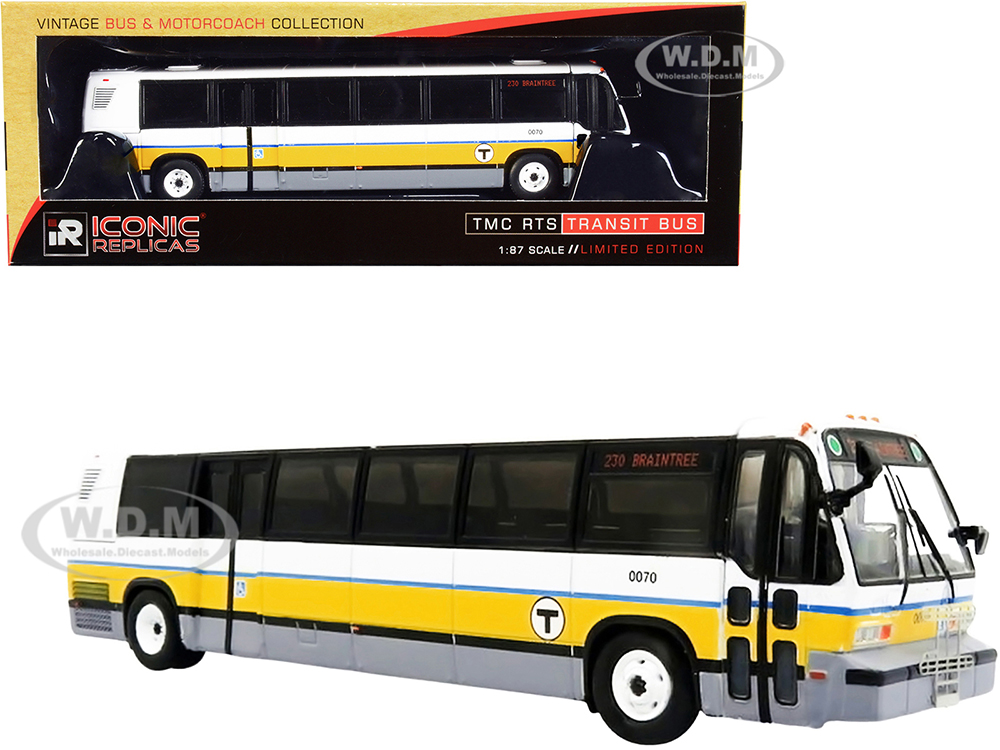 1999 TMC RTS Transit Bus 230 Braintree "Boston MBTA" White Yellow and Gray with Blue Stripe "The Vintage Bus &amp; Motorcoach Collection" 1/87 (HO) D