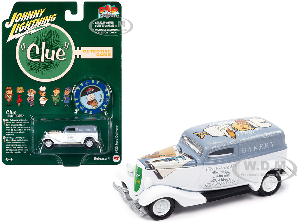 1933 Ford Delivery Van White with Gray Top (Mrs. White) with Poker Chip Collectors Token Vintage Clue Pop Culture 2022 Release 4 1/64 Diecast Model Car by Johnny Lightning