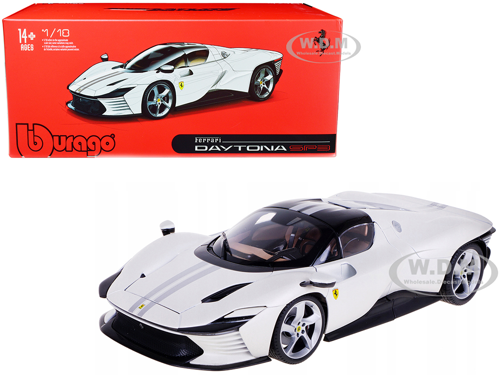 Ferrari Daytona SP3 White Metallic with Silver Stripes Signature Series 1/18 Diecast Model Car by Bburago