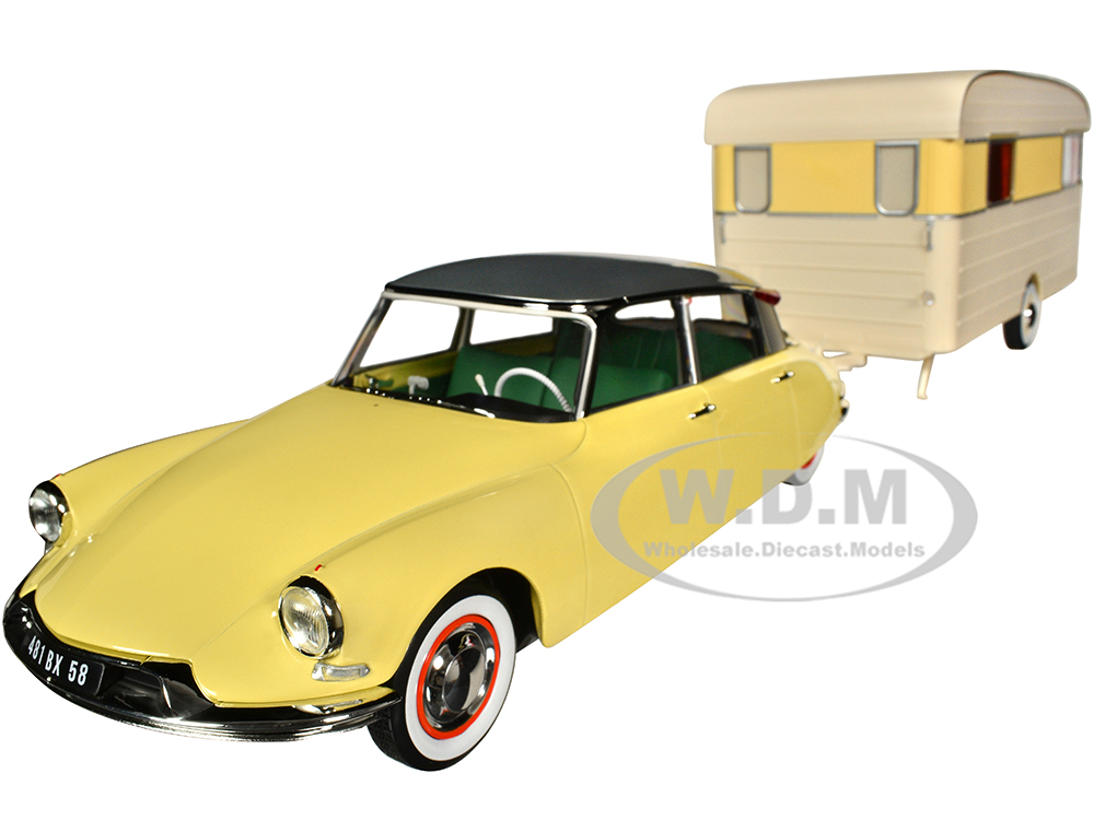 1960 Citroen DS 19 Jonquille Yellow With Silver Top And Caravan Digue Panoramic Trailer Beige 1/18 Diecast Model Car By Norev