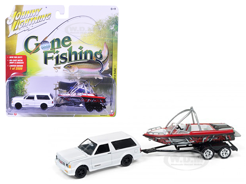 1992 GMC Typhoon Gloss White with Boat &amp; Trailer "Gone Fishing" 1/64 Diecast Model Car by Johnny Lightning