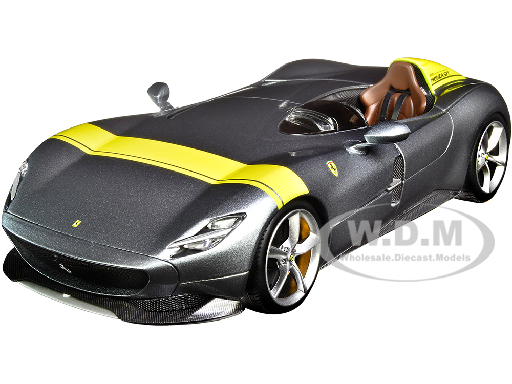 Ferrari Monza SP1 Silver Metallic with Yellow Stripes 1/18 Diecast Model Car by Bburago