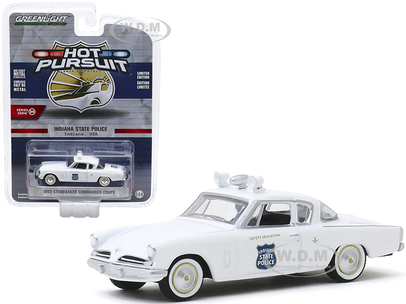 Image of 1953 Studebaker Commander Coupe White "Indiana State Police" (Indiana U.S.A.) "Hot Pursuit" Series 34 1/64 Diecast Model Car by Greenlight