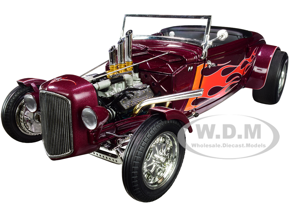 1934 Hot Rod Roadster Brandywine Burgundy Metallic with Flames Limited Edition to 450 pieces Worldwide 1/18 Diecast Model Car by GMP