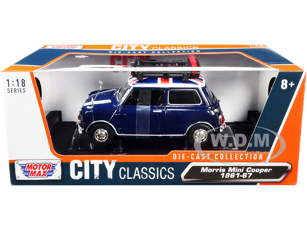 1961-1967 Morris Mini Cooper RHD (Right Hand Drive) Dark Blue with British Flag on the Top and Roof Rack "City Classics" Series 1/18 Diecast Model Ca