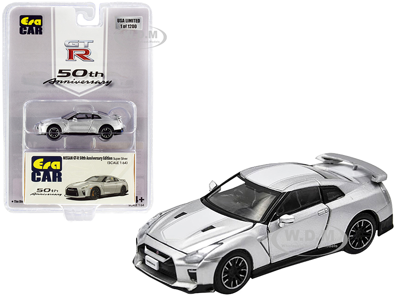 Image of Nissan GT-R RHD (Right Hand Drive) Super Silver with White Stripe "50th Anniversary Edition" Limited Edition to 1200 pieces 1/64 Diecast Model Car by
