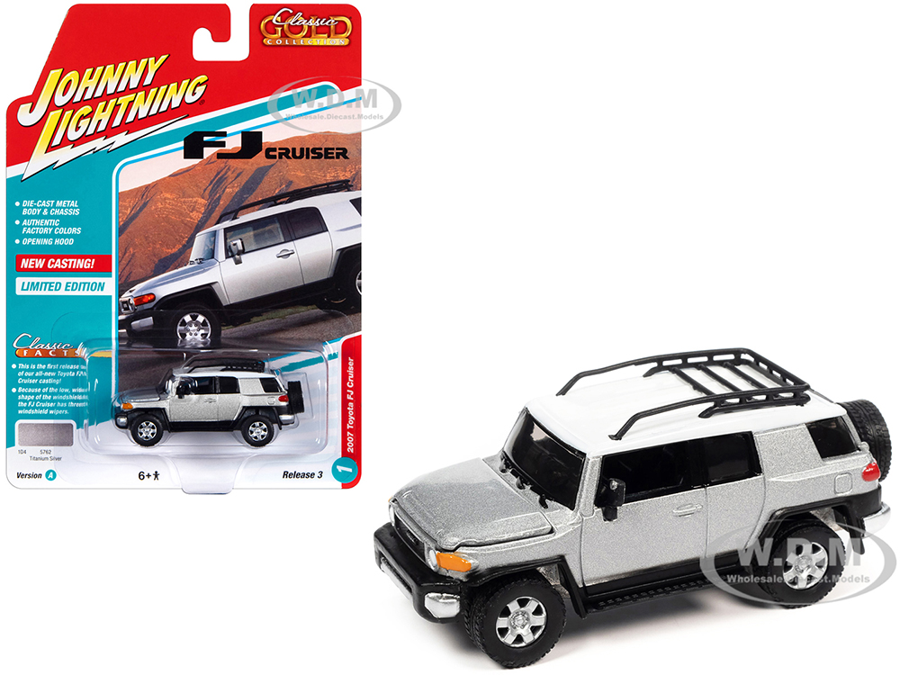 2007 Toyota FJ Cruiser Titanium Silver Metallic with White Top and Roofrack Classic Gold Collection Series Limited Edition 1/64 Diecast Model Car by Johnny Lightning