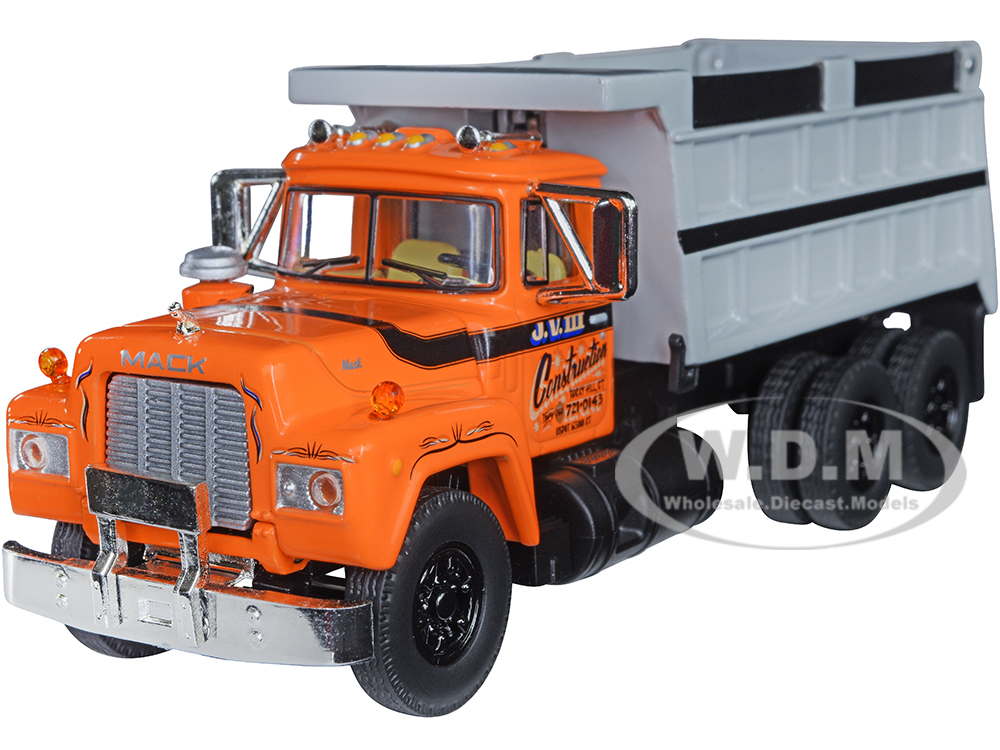 Mack R Model Tandem Axle Dump Truck "J.V. III Construction" Orange and Gray 1/64 Diecast Model by DCP/First Gear