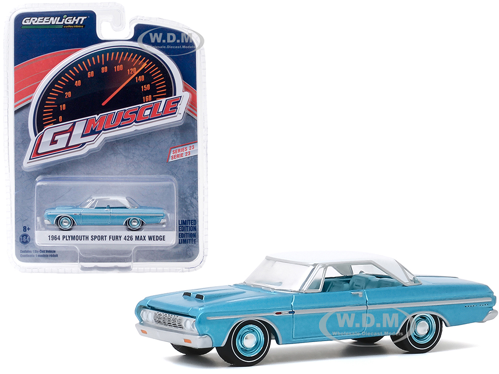 Image of 1964 Plymouth Sport Fury 426 Max Wedge Turquoise with White Top "Greenlight Muscle" Series 23 1/64 Diecast Model Car by Greenlight
