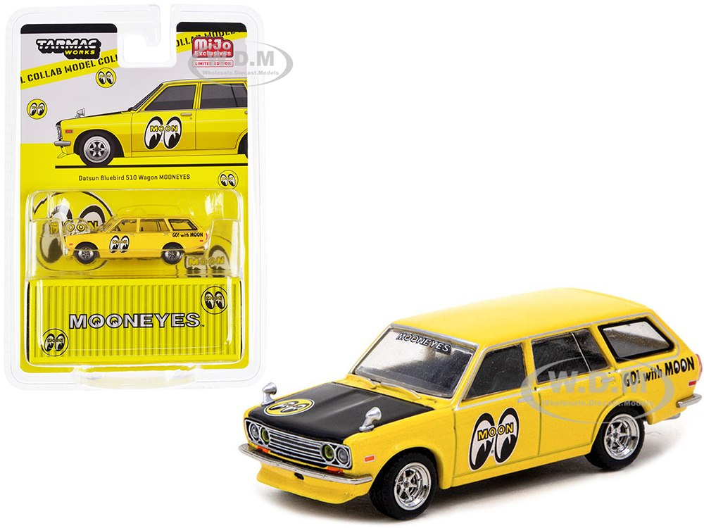 Datsun Bluebird 510 Wagon Yellow With Black Hood Mooneyes Global64 Series 1/64 Diecast Model Car By Tarmac Works