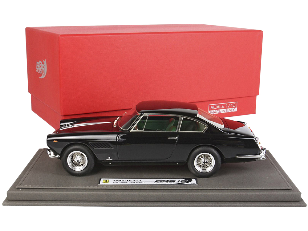 1961 Ferrari GTE 2+2 Serie I S/N 2999GT Black with Green Interior with DISPLAY CASE Limited Edition to 68 Pieces Worldwide 1/18 Model Car by BBR