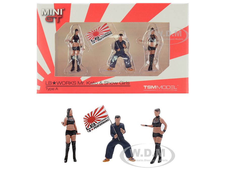 Mr. Kato With Flag And 2 Show Girls "lb Works - Lb Performance" 3 Piece Figurine Set Type A For 1/64 Scale Models By True Scale Miniatures