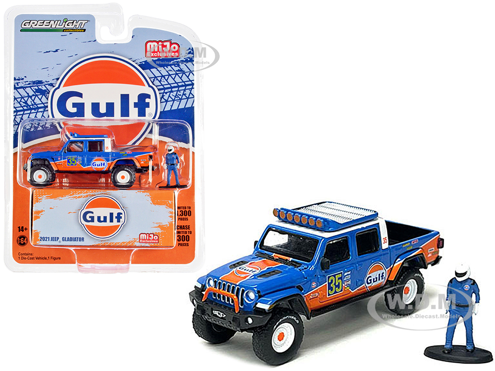 2021 Jeep Gladiator Pickup Truck 35 "Gulf Oil" and Driver Figure Limited Edition to 3300 pieces Worldwide 1/64 Diecast Model Car by Greenlight