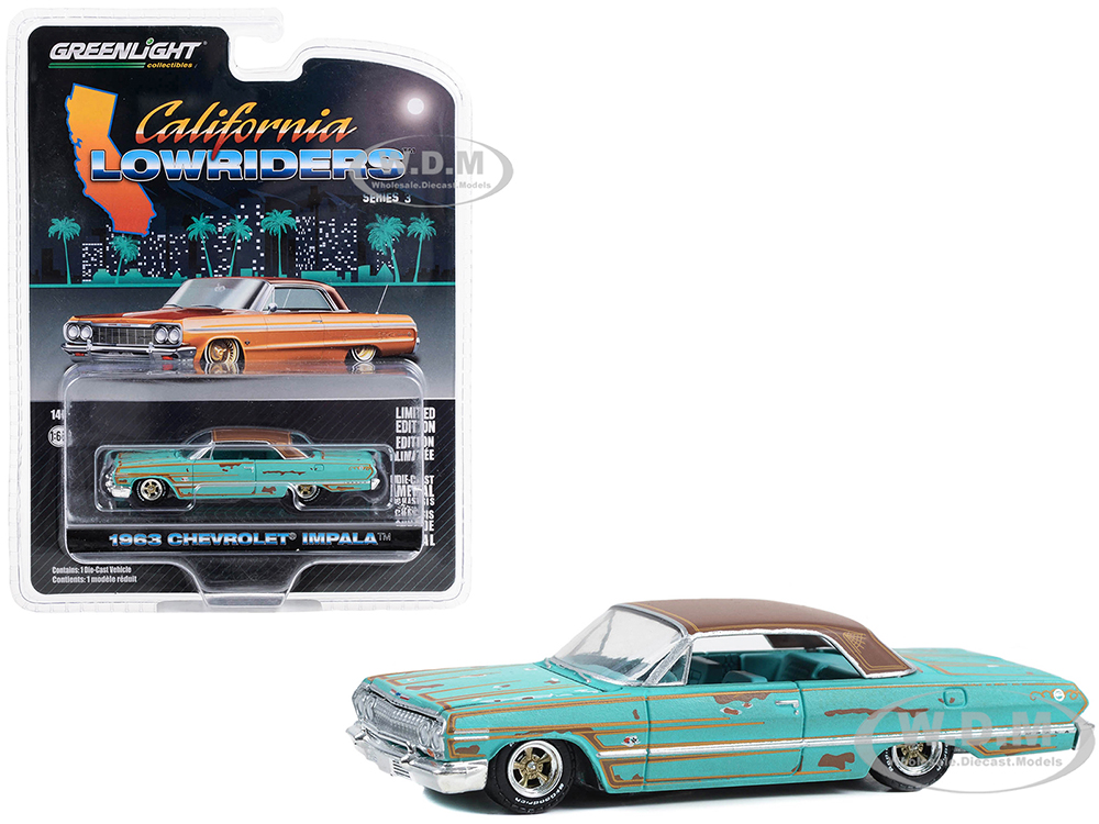 1963 Chevrolet Impala Lowrider Teal Patina (Rusted) with Brown Top and Teal Interior California Lowriders Series 3 1/64 Diecast Model Car by Greenlight