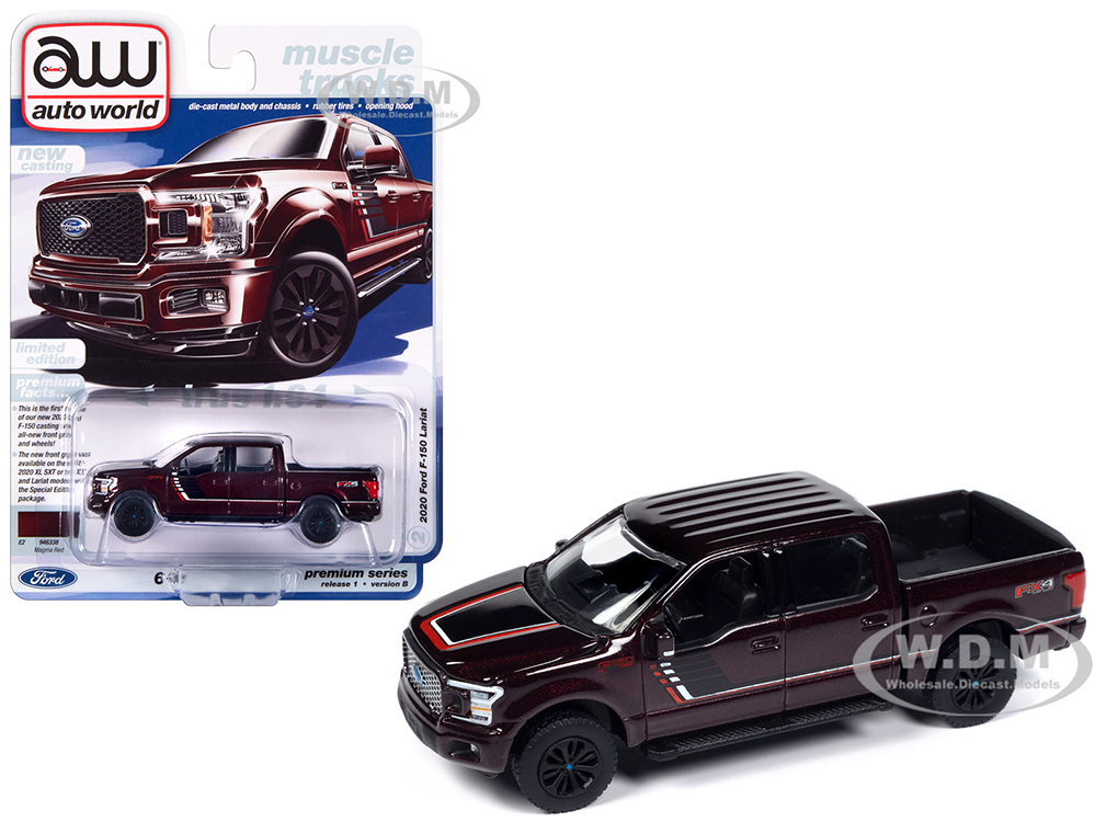 2020 Ford F-150 Lariat FX4 Pickup Truck Magma Red Metallic with Stripes Muscle Trucks Limited Edition 1/64 Diecast Model Car by Auto World
