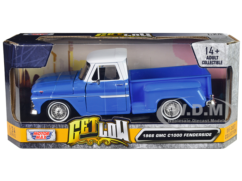 1966 GMC C1000 Fenderside Pickup Truck Lowrider Blue with White Top Get Low Series 1/24 Diecast Model Car by Motormax