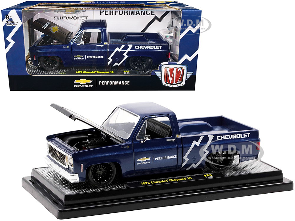 1973 Chevrolet Cheyenne 10 Pickup Truck Dark Blue Metallic with Black Hood Chevrolet Performance Limited Edition to 9600 pieces Worldwide 1/24 Diecast Model Car by M2 Machines