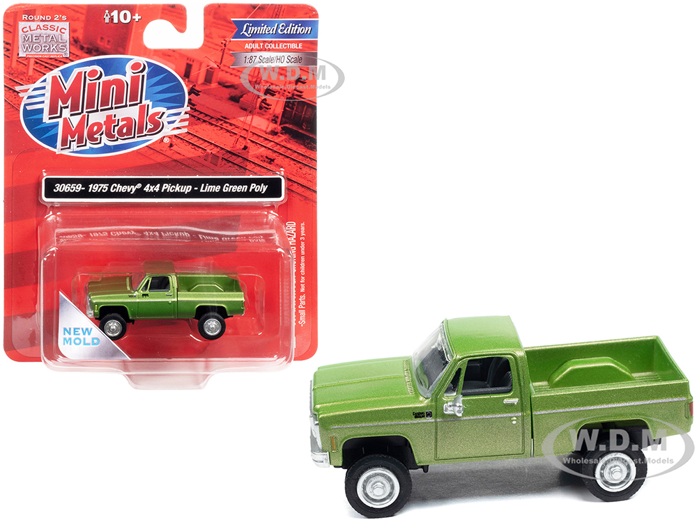 1975 Chevrolet 4x4 Pickup Truck Lime Green Metallic 1/87 (HO) Scale Model Car by Classic Metal Works