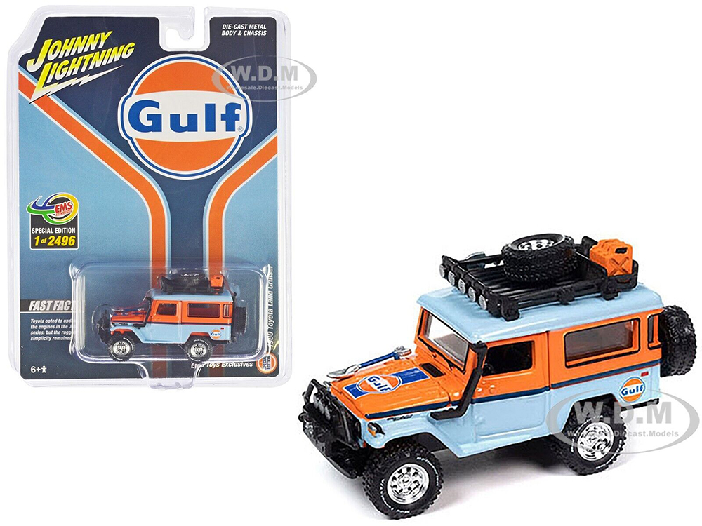 1980 Toyota Land Cruiser Light Blue and Orange "Gulf Oil" with Roof Rack Limited Edition to 2496 pieces Worldwide 1/64 Diecast Model Car by Johnny Li