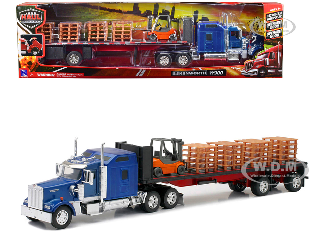 Kenworth W900 Truck with Flatbed Trailer Blue with Forklift and Pallets Long Haul Truckers Series 1/32 Diecast Model by New Ray