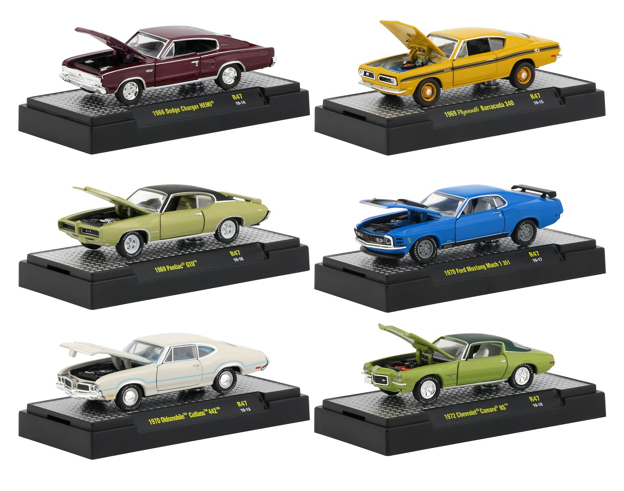 Detroit Muscle Release 47 Set Of 6 Cars In Display Cases 1/64 Diecast Model Cars By M2 Machines