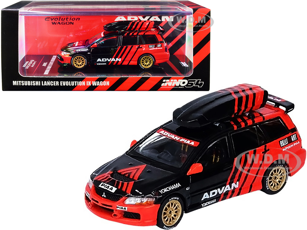 Mitsubishi Lancer Evolution IX Wagon RHD (Right Hand Drive) with Roof Cargo Box Black and Red "Advan" 1/64 Diecast Model Car by Inno Models