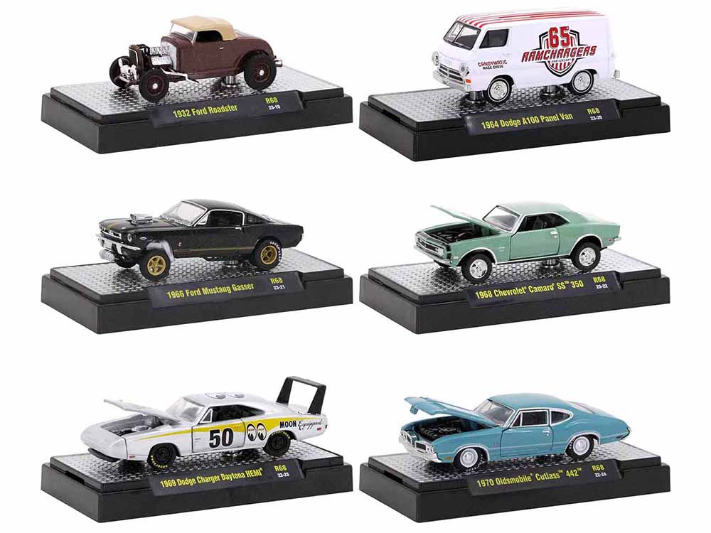 "Auto Meets" Set of 6 Cars IN DISPLAY CASES Release 68 Limited Edition 1/64 Diecast Model Cars by M2 Machines