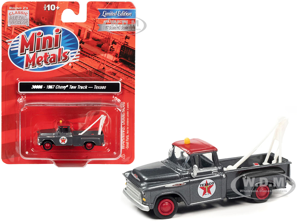 1957 Chevrolet Stepside Tow Truck Texaco Gray Metallic with Red Top 1/87 (HO) Scale Model Car by Classic Metal Works