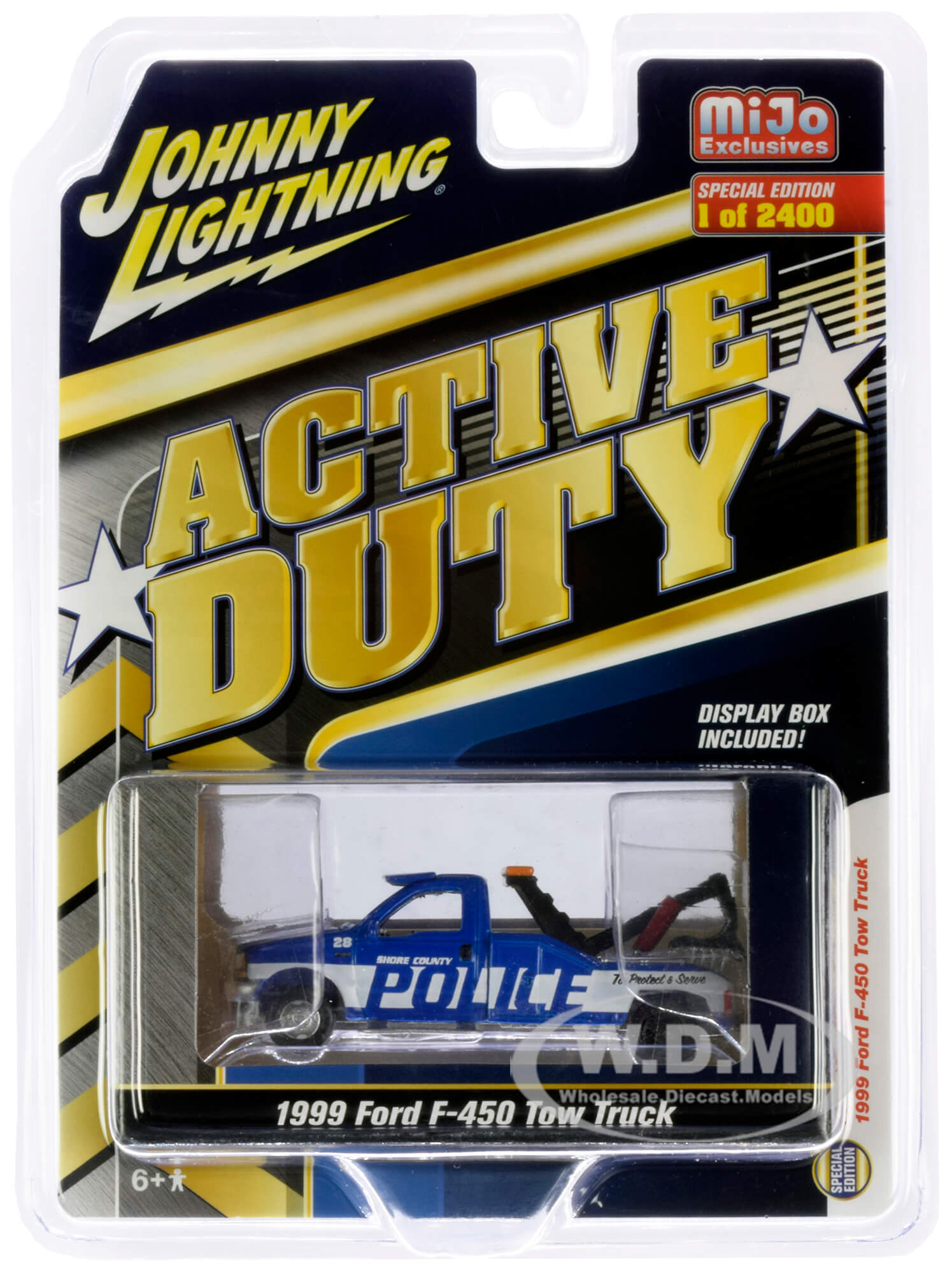 1999 Ford F-450 Police Tow Truck Blue with White Stripes "Active Duty" Limited Edition to 2400 pieces Worldwide 1/64 Diecast Model by Johnny Lightnin